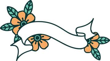 iconic tattoo style image of a banner and flowers vector