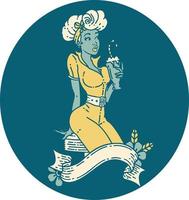 tatuaje al estilo tradicional de una pinup bebiendo un batido con pancarta vector