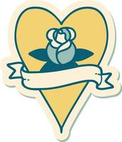 sticker of tattoo in traditional style of a heart rose and banner vector