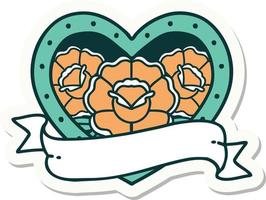 sticker of tattoo in traditional style of a heart and banner with flowers vector