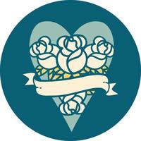 iconic tattoo style image of a heart and banner with flowers vector