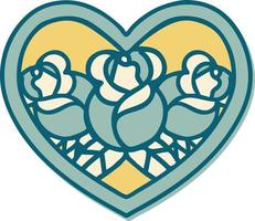 sticker of tattoo in traditional style of a heart and flowers vector