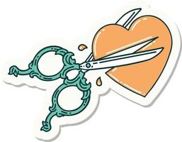 sticker of tattoo in traditional style of scissors cutting a heart vector