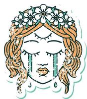 iconic distressed sticker tattoo style image of female face with third eye and crown of flowers cyring vector