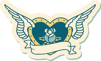 sticker of tattoo in traditional style of a flying heart with flowers and banner vector