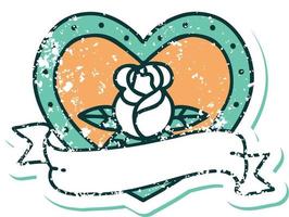 iconic distressed sticker tattoo style image of a heart rose and banner vector