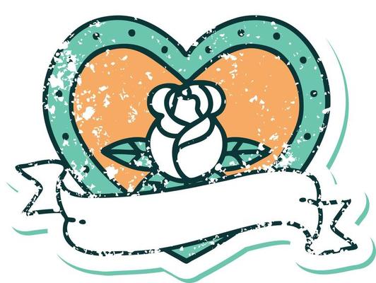 iconic distressed sticker tattoo style image of a heart rose and banner