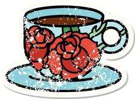 distressed sticker tattoo in traditional style of a cup and flowers vector