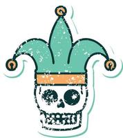 iconic distressed sticker tattoo style image of a skull jester vector