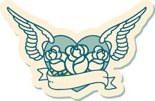 sticker of tattoo in traditional style of a flying heart with flowers and banner vector