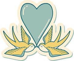 sticker of tattoo in traditional style of swallows and a heart vector