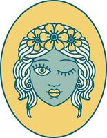 iconic tattoo style image of a maiden with crown of flowers winking vector