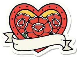 sticker of tattoo in traditional style of a heart and banner with flowers vector