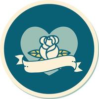 sticker of tattoo in traditional style of a heart rose and banner vector