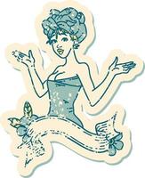 distressed sticker tattoo in traditional style of a pinup girl in towel with banner vector