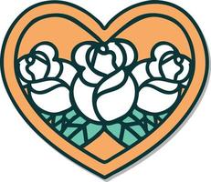 sticker of tattoo in traditional style of a heart and flowers vector