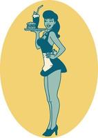 tattoo in traditional style of a pinup waitress girl vector