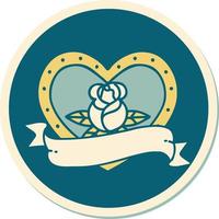 sticker of tattoo in traditional style of a heart rose and banner vector