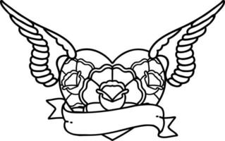 tattoo in black line style of a flying heart with flowers and banner vector