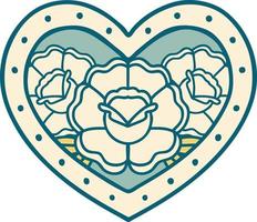 iconic tattoo style image of a heart and flowers vector