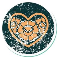 iconic distressed sticker tattoo style image of a heart and flowers vector