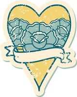 iconic distressed sticker tattoo style image of a heart and banner with flowers vector