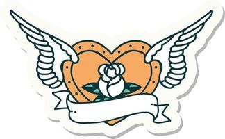 sticker of tattoo in traditional style of a flying heart with flowers and banner vector