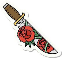 pegatina de tatuaje al estilo tradicional de una daga y flores vector
