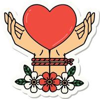 pegatina de tatuaje al estilo tradicional de manos atadas y corazón vector