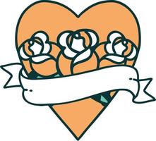 iconic tattoo style image of a heart and banner with flowers vector