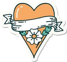 sticker of tattoo in traditional style of a heart flower and banner vector