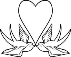 tattoo in black line style of swallows and a heart vector