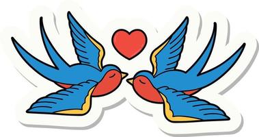 sticker of tattoo in traditional style of swallows and a heart vector