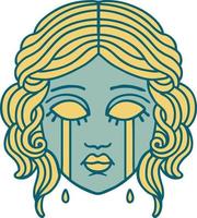 iconic tattoo style image of female face crying vector