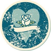 iconic distressed sticker tattoo style image of a heart rose and banner vector