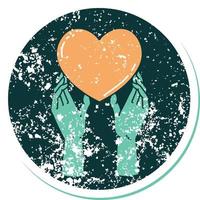 iconic distressed sticker tattoo style image of hands reaching for a heart vector