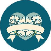 iconic tattoo style image of a heart and banner with flowers vector