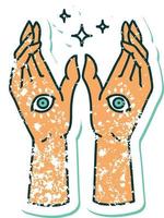 icónica pegatina angustiada imagen estilo tatuaje de manos místicas vector