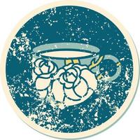 iconic distressed sticker tattoo style image of a cup and flowers vector