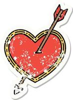 distressed sticker tattoo in traditional style of an arrow and heart vector