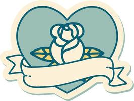sticker of tattoo in traditional style of a heart rose and banner vector