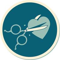 sticker of tattoo in traditional style of scissors cutting a heart vector