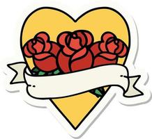 sticker of tattoo in traditional style of a heart and banner with flowers vector