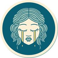 sticker of tattoo in traditional style of female face crying vector