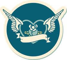 sticker of tattoo in traditional style of a flying heart with flowers and banner vector