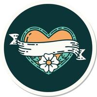 sticker of tattoo in traditional style of a heart and banner with flowers vector