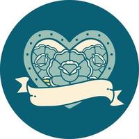 iconic tattoo style image of a heart and banner with flowers vector