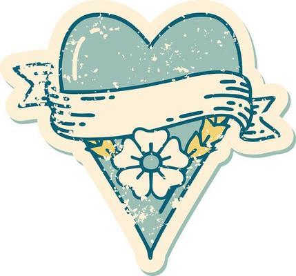 iconic distressed sticker tattoo style image of a heart flower and banner