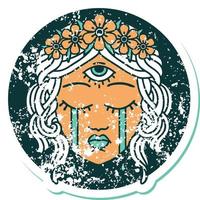 iconic distressed sticker tattoo style image of female face with mystic third eye crying vector