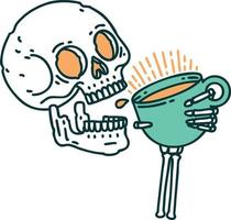 iconic tattoo style image of a skull drinking coffee vector